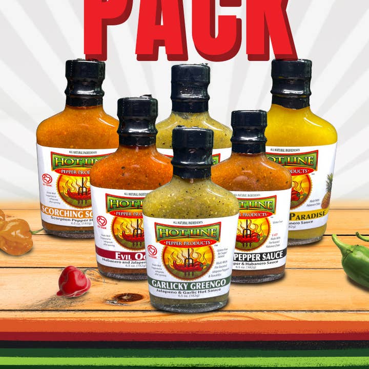 Build Your Own 6-Bottle Pack for wholesale by Hot Line Pepper Products LLC