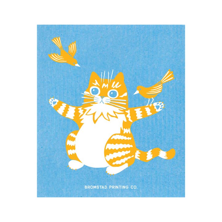 Uccelli e Gatto - Strofinaccio Svedese per la vendita all'ingrosso da parte di Bromstad Printing Co.