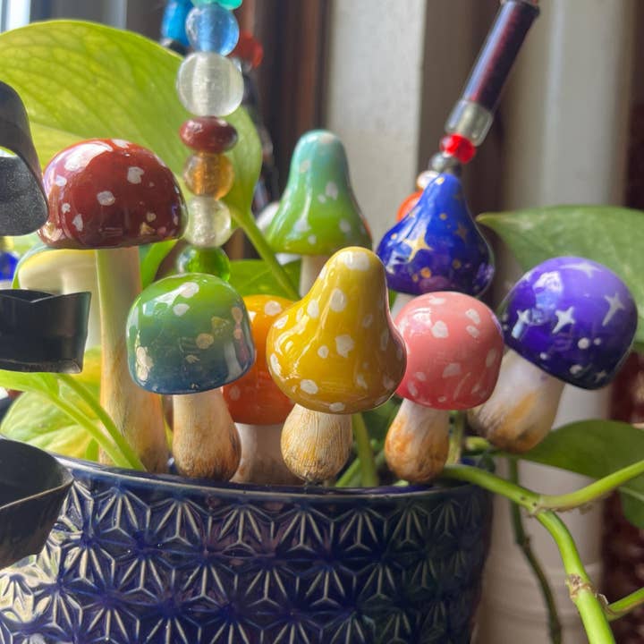 Hand Painted Mushroom Plant Stakes, Cottagecore Garden Decor for wholesale by Kaleigh Day Art