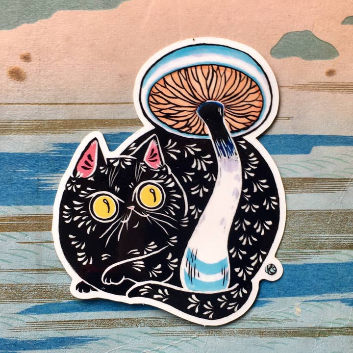 Black Cat Mushroom Sticker for wholesale by Paper Puffin