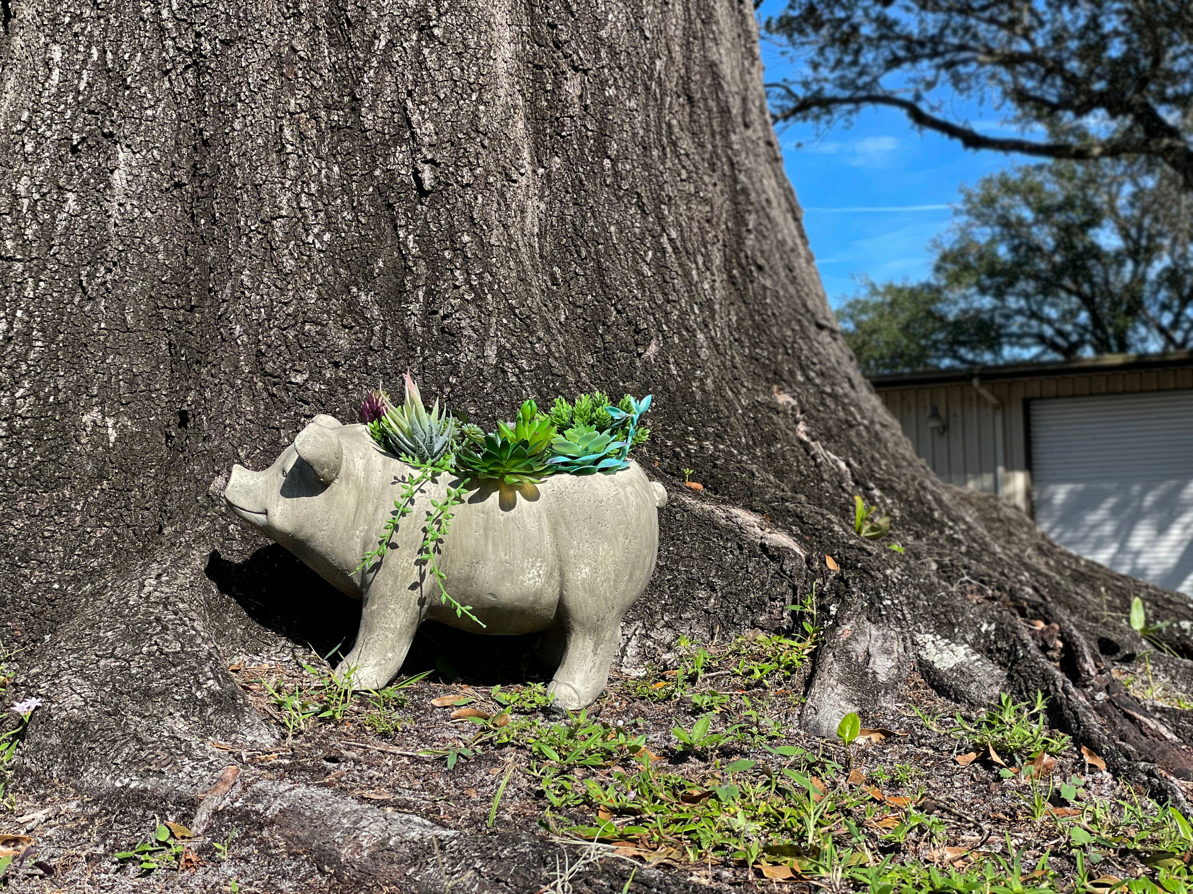 Zeckos - Vente Pot - Pot de fleurs Smiling Pig de 17 pouces de long avec finition grise patinée5