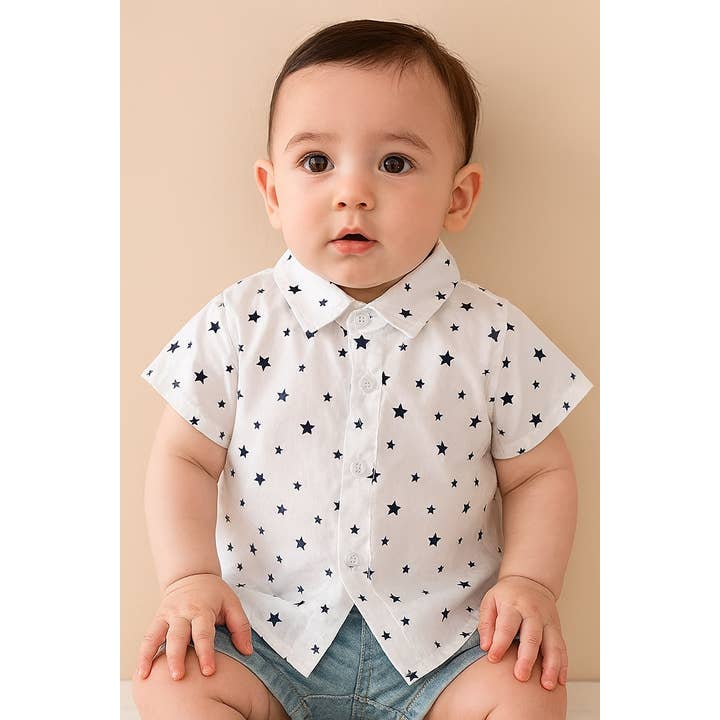 Camisa de Algodón con Botones para Niño Estrella Blanca - Tallas de 6M a 5T para venta al por mayor de Fennco Styles