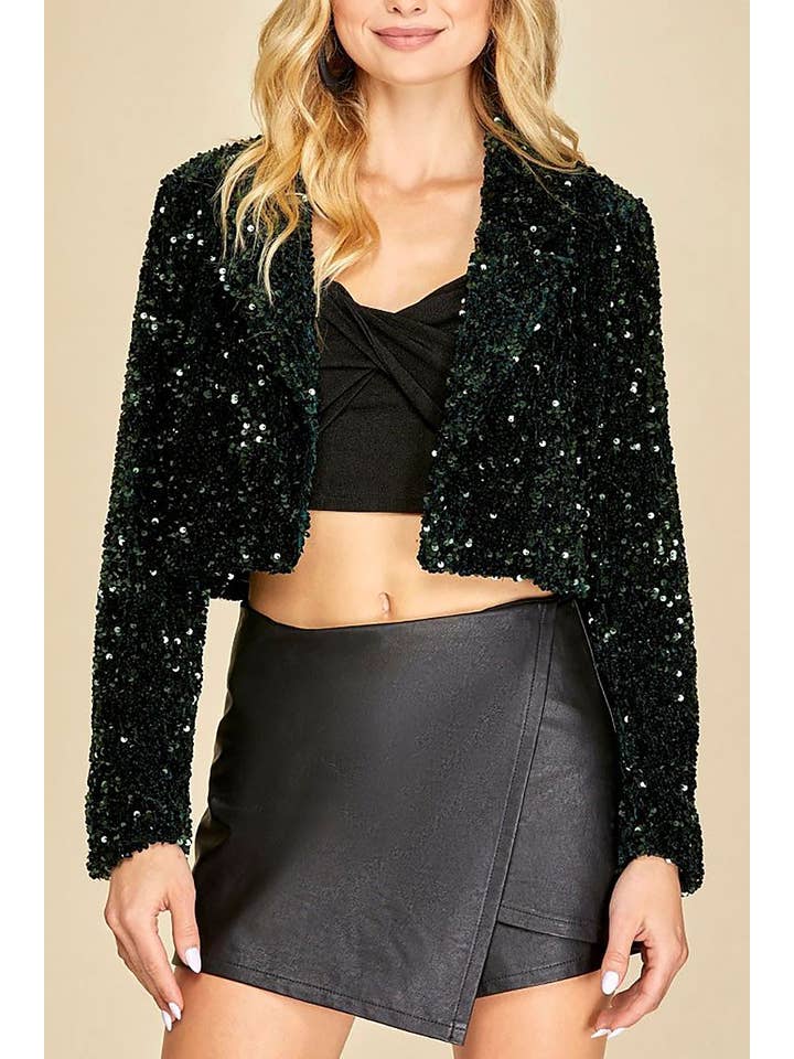 SEA GREEN SEQUIN VELVET OPEN FRONT CROP BLAZER JACKET for wholesale on Faire1