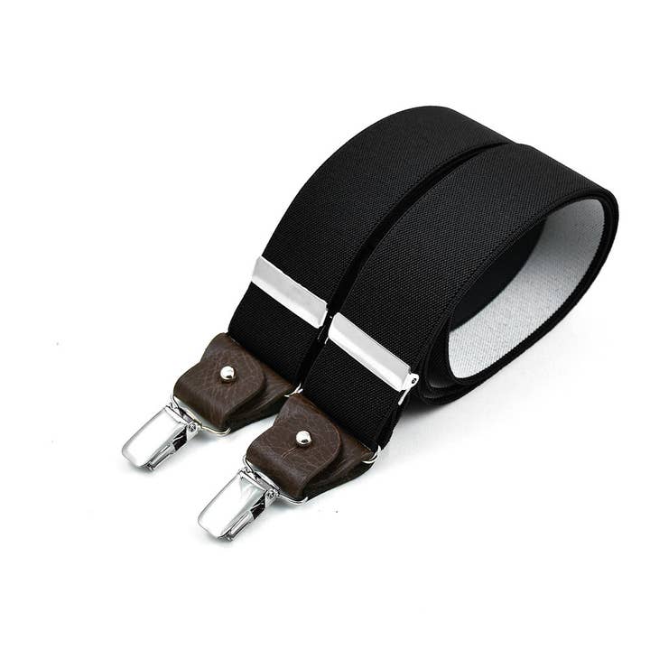 Wide clip-on suspenders with leather details - Black for wholesale by Bertelles