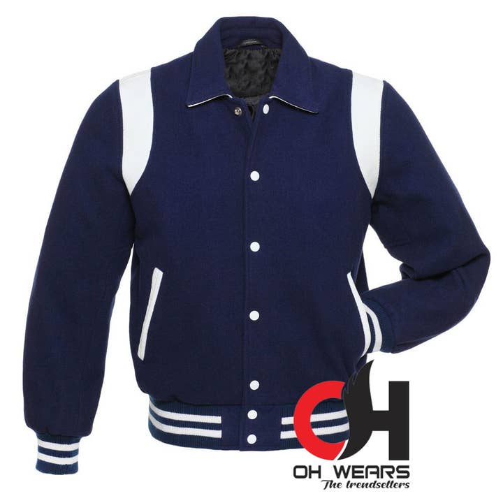 Byron Collegejacke aus blauem Wollstoff mit weißen Lederstreifen für den Großhandel von OH Wears