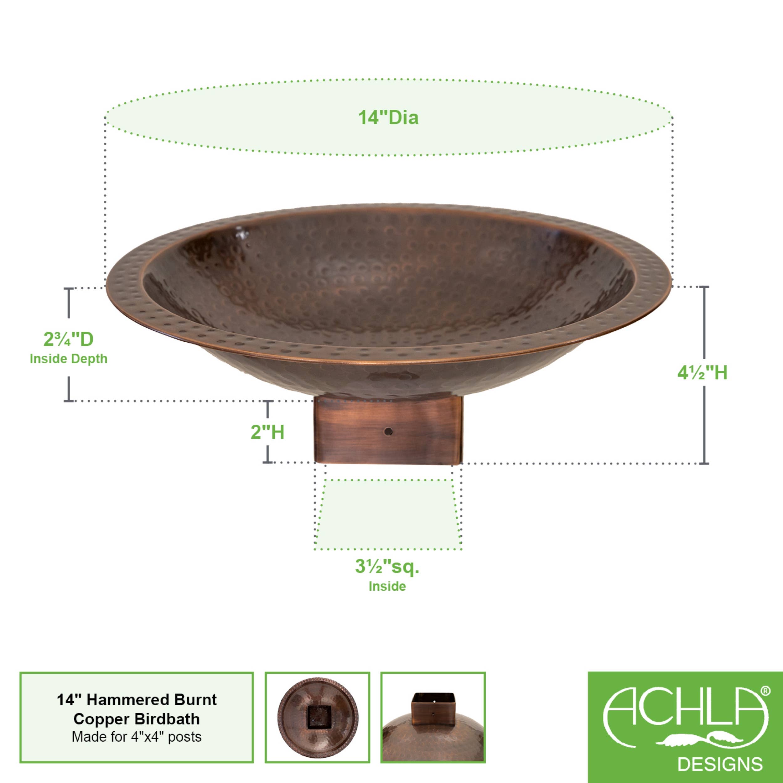 14" Hammered Copper Birdbath for 4x4 Post for wholesale on Faire1