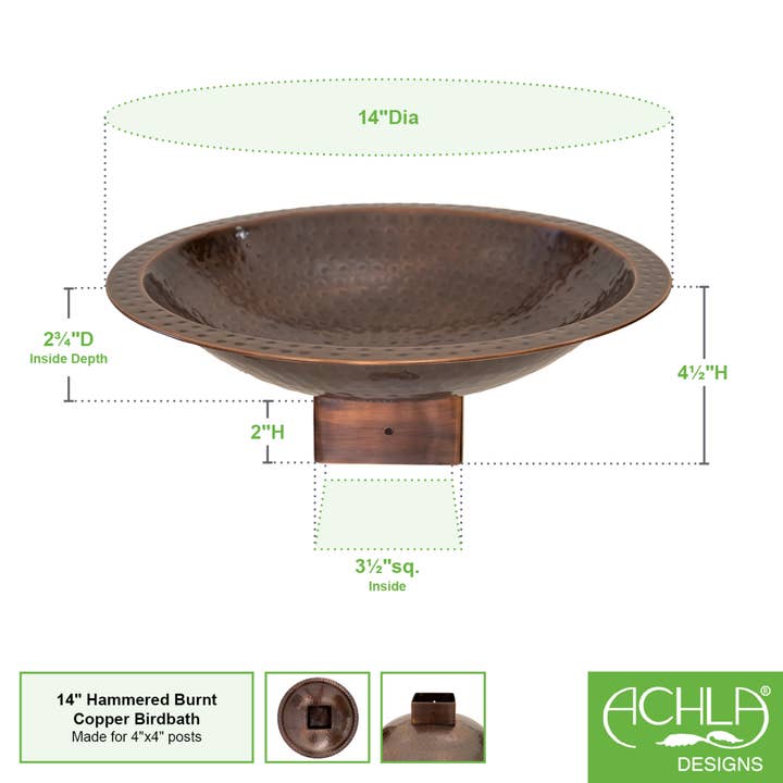 14" Hammered Copper Birdbath for 4x4 Post for wholesale on Faire1