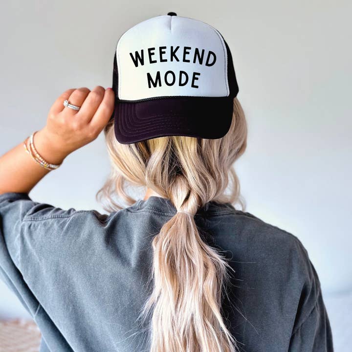 Weekend Mode DTF Printed Black & White Trucker Hat for wholesale by Southern Attitude Designs Inc