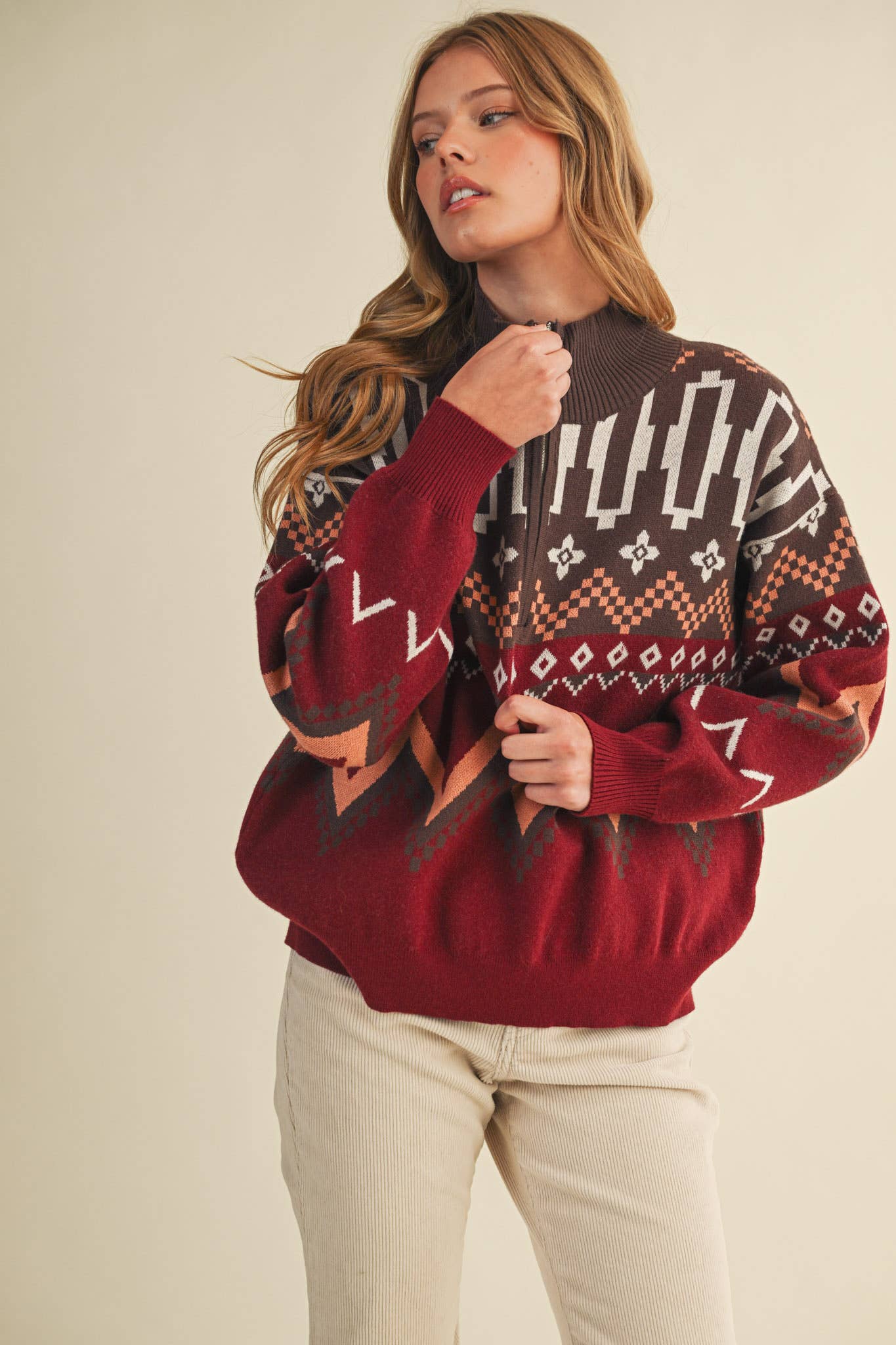Burgundy Multi GEOMETRIC KNIT MOCK NECK HALF ZIP PULLOVER SWEATER MSW10885 for wholesale on Faire3