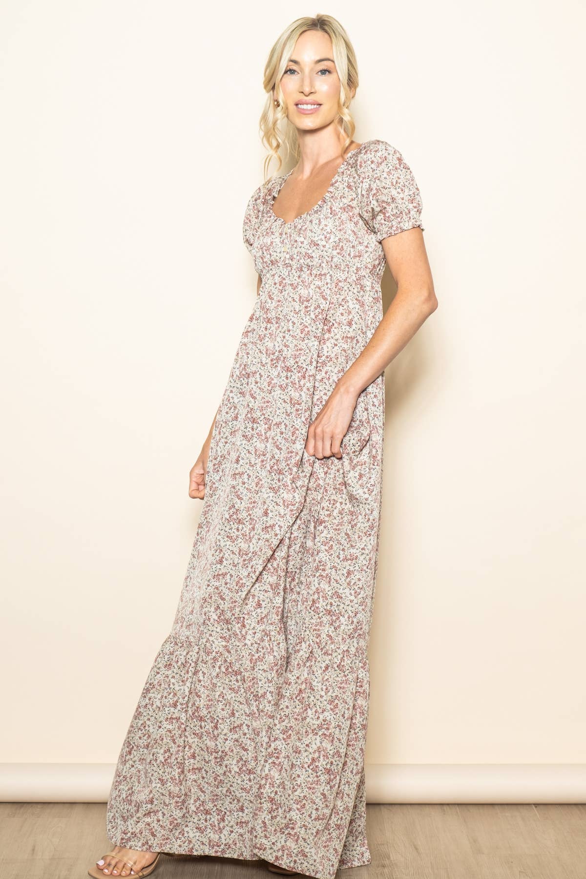 Elloh Collection - Wholesale Dress - Women's - Romantic Puff Sleeve Wide Flare Empire Maxi Dress w Pockets5