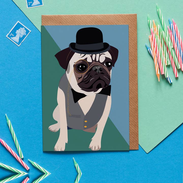 Otis the Gentleman Pug dog greeting card for wholesale by Lorna Syson