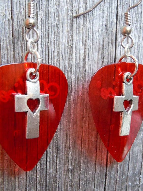 Cross with Heart Cut Out Charm Guitar Pick Earrings for wholesale by Simply Raevyn