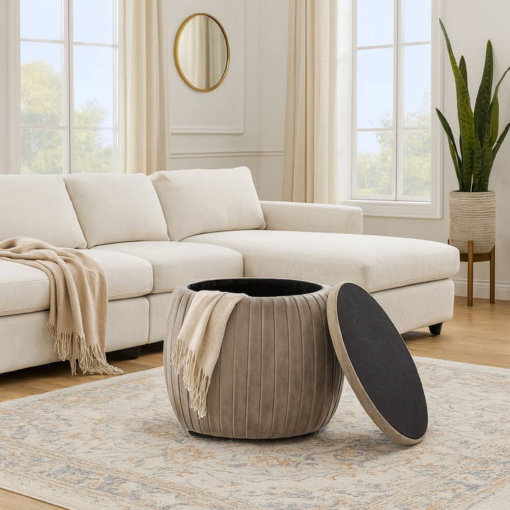 Storage Stool - Gray Wood Round with Cushioned Seat, 18 in. for wholesale by Elevarre