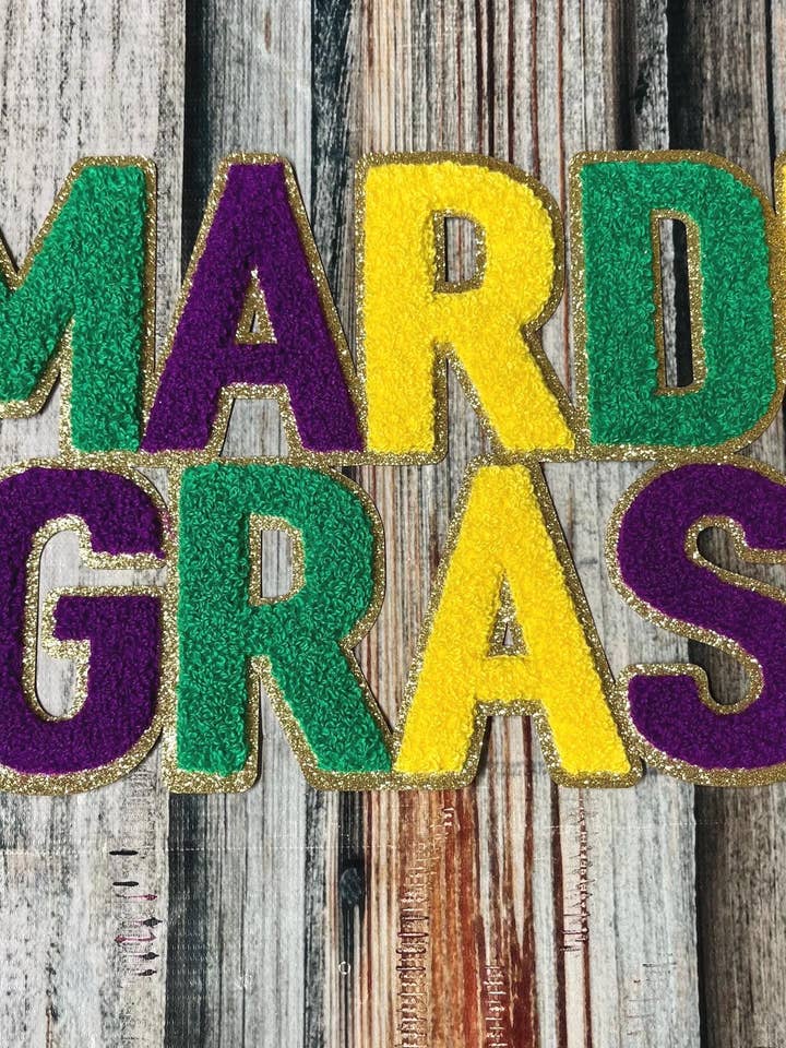 Large Mardi Gras Chenille & Glitter Statement Patch 11" x 7" for wholesale by Bling Dat