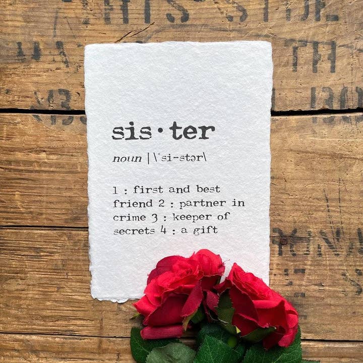 sister definition print in typewriter font on handmade paper for wholesale by Alison Rose Vintage
