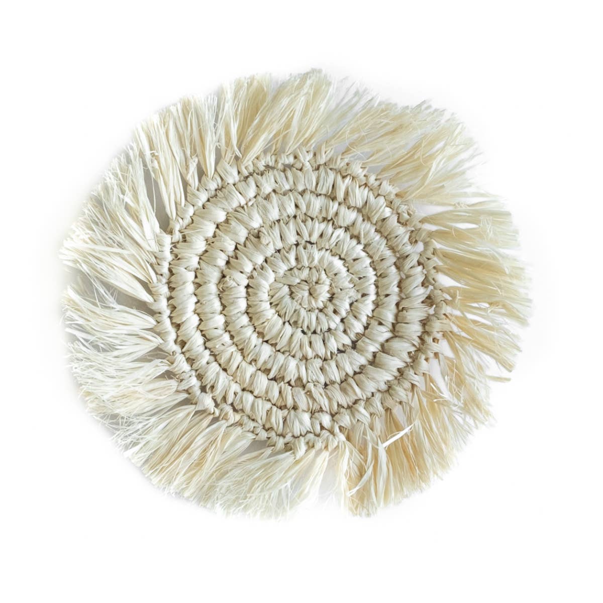Bali Harvest - Wholesale Coasters - Straw Raffia Coasters with Fringe - White Boho Woven Wicker
