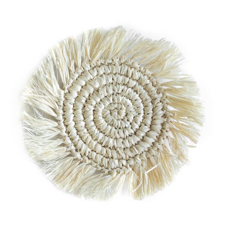Bali Harvest - Wholesale Coasters - Straw Raffia Coasters with Fringe - White Boho Woven Wicker0