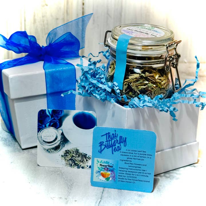 Thai Butterfly Loose Leaf Tea Hermes Clamp Glass Jar Boxed for wholesale by FlowerTeas
