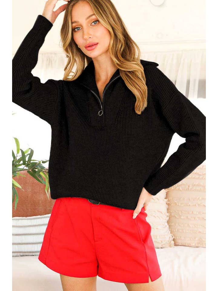 Vine & Love - Wholesale Knit Sweater - Women's - Collared Half Zip-Up Long-Sleeve Knitted Sweater Top VT60536