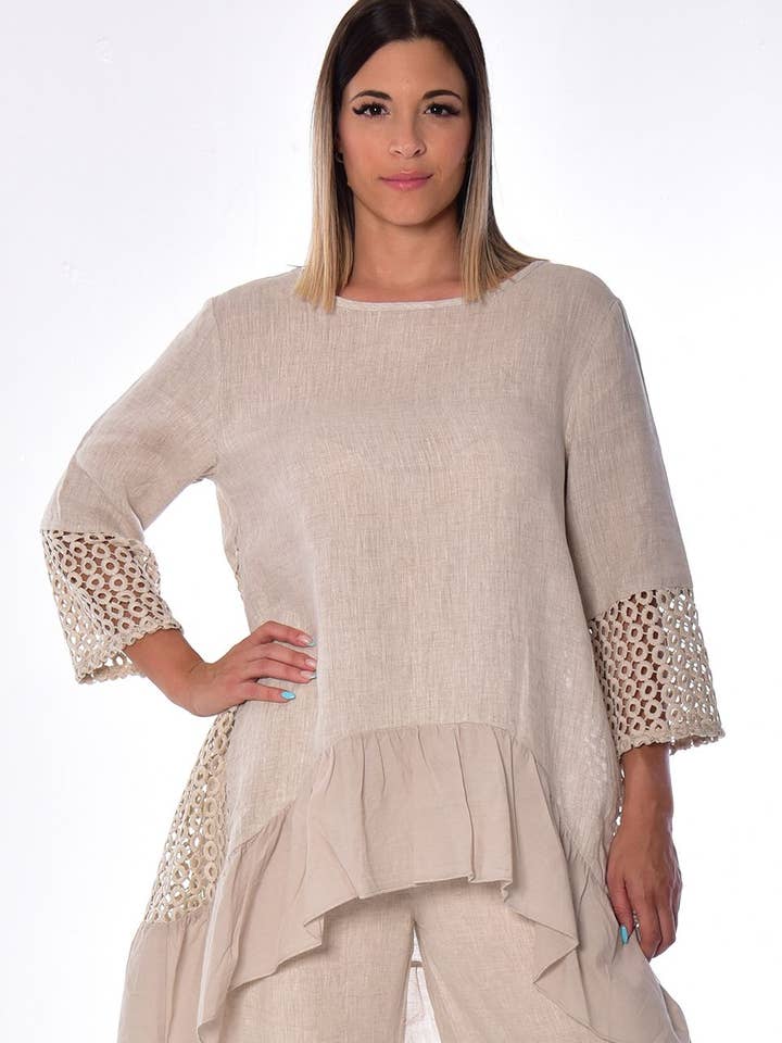 Ladies Linen 3/4 Sleeve V-Neck Hi-Low Blouse by AZUCAR for wholesale by Azucar & Bohio