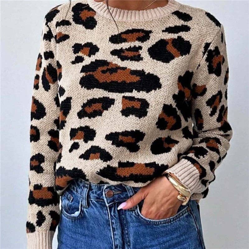 KHAKI Round Neck Color Block Leopard Print Sweater for wholesale on Faire1