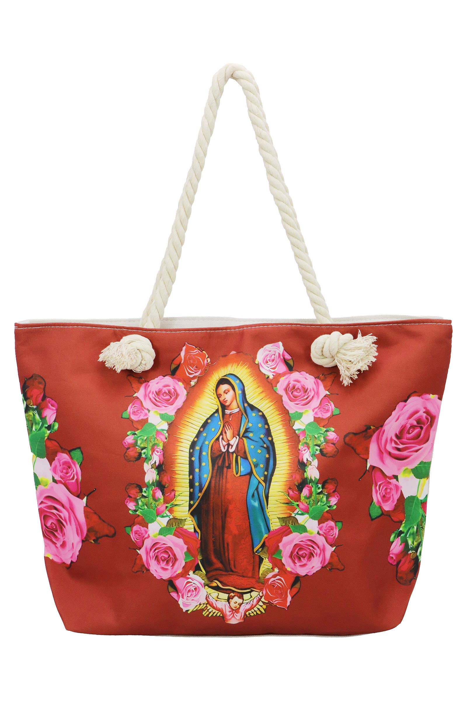 DARK RED Guadalupe Virgen Mary Zippered Canvas Tote Bag for wholesale on Faire9