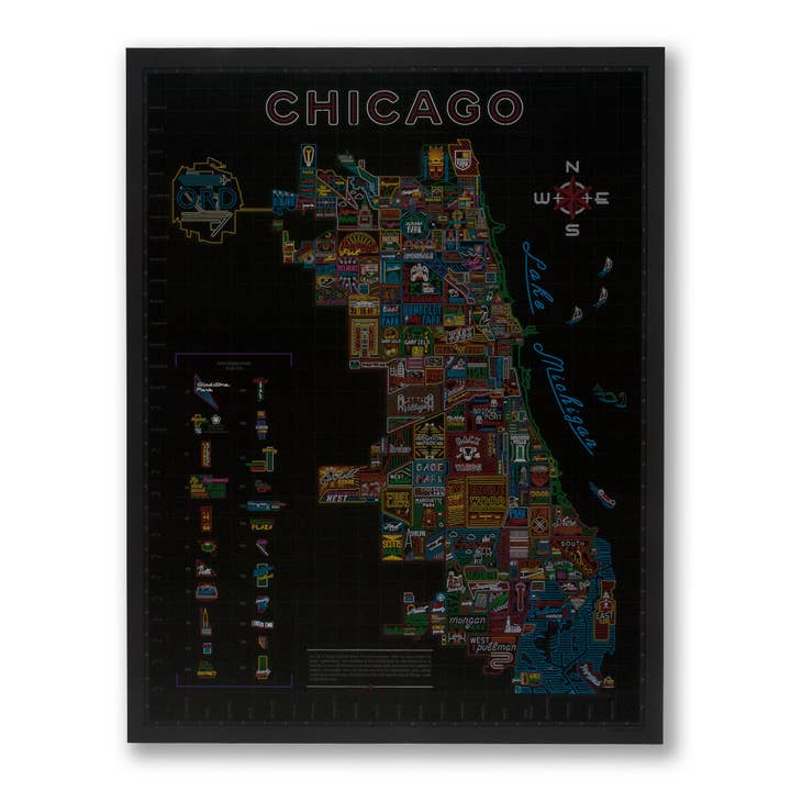 Neon Neighborhood Map of Chicago Poster - 22" x 28" Rolled Poster for wholesale by Transit Tees
