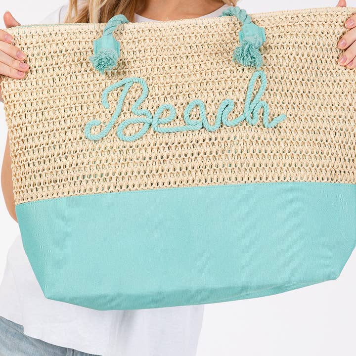 MiMi Wholesale - Wholesale Beach Bag - MB0266 Sewn Rope Beach Letter Color Straw Tote Bag