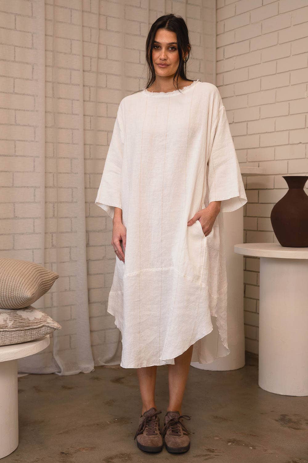The Carter Malle Linen Dress - Off White w' Nutmeg for wholesale on Faire2