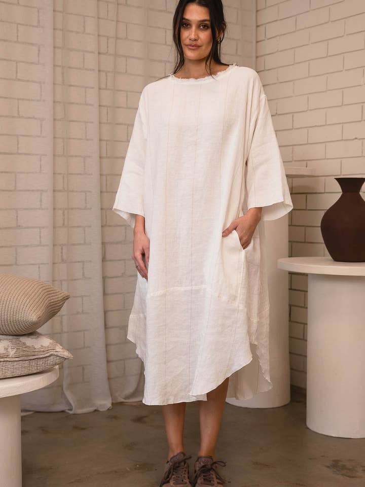 The Carter Malle Linen Dress - Off White w' Nutmeg for wholesale on Faire2