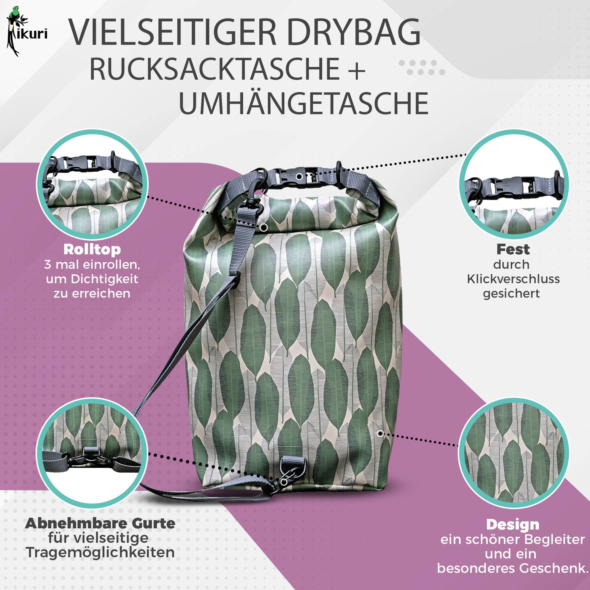 Ikuri - Vendita all'ingrosso Sacca impermeabile - Bambini e neonati - Drybag impermeabile SUP Surf con motivo foglie di banana3