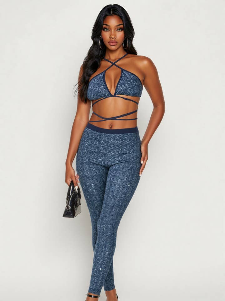 STRETCHED DENIM STRAPPY HALTER TOP & LEGGING SET for wholesale by 5besties inc