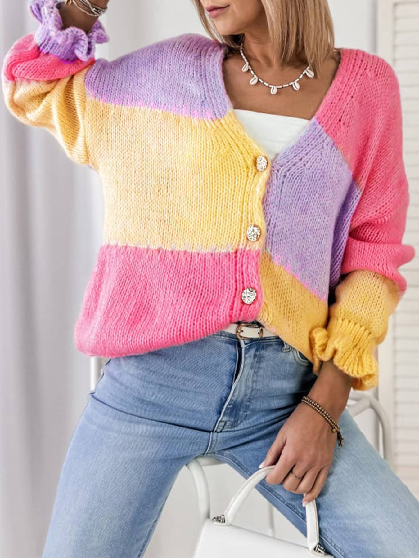 Yellow Pastel Colorblock Ruffle‑Cuff V‑Neck Button Cardigan for wholesale on Faire3