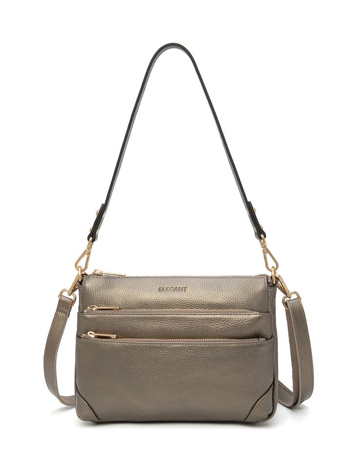 FAITH LEATHER CROSS BODY BAG- E1-0749-PEWTER for wholesale by Serenade Beverly Hills Collection