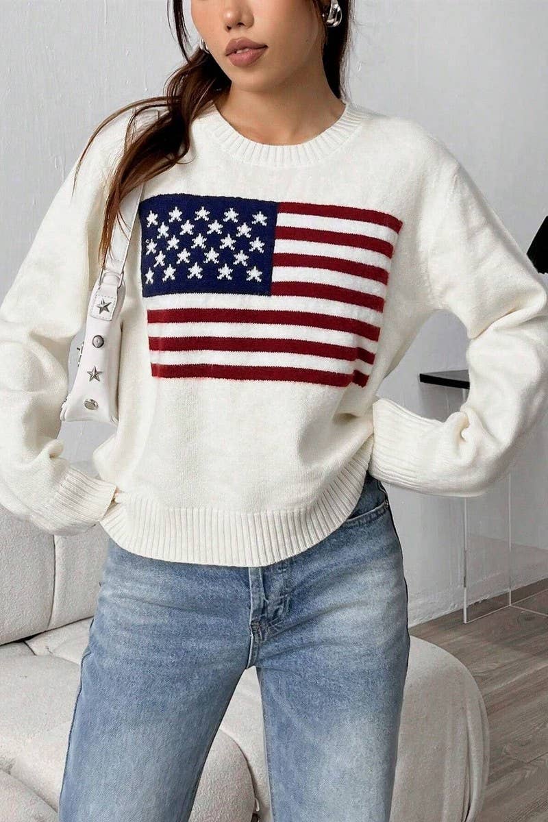 WHITE CWOSWL5753_AMERICAN FLAG LOOSE FIT CREWNECK SWEATER for wholesale on Faire4