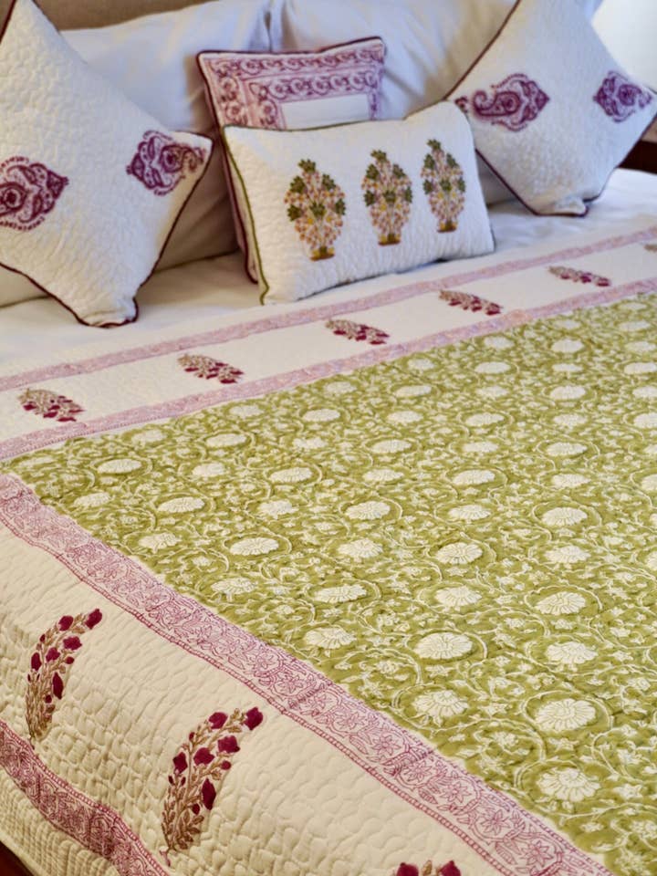 Green Ditsy - Poppies Reversible Quilt/Bedspread for wholesale by Jaipur Bloc House