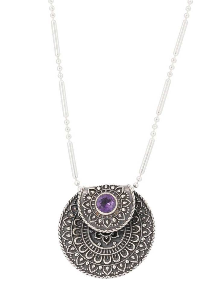 Inspirational Sterling Silver Mandala Necklace with Amethyst for wholesale by Culture Spot