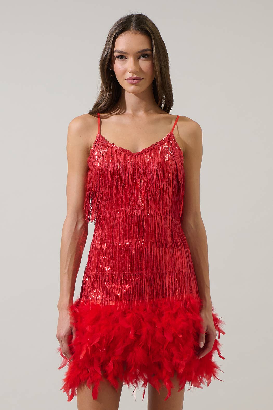 Red Camry Sequin Fringe Feather Mini Dress for wholesale on Faire1