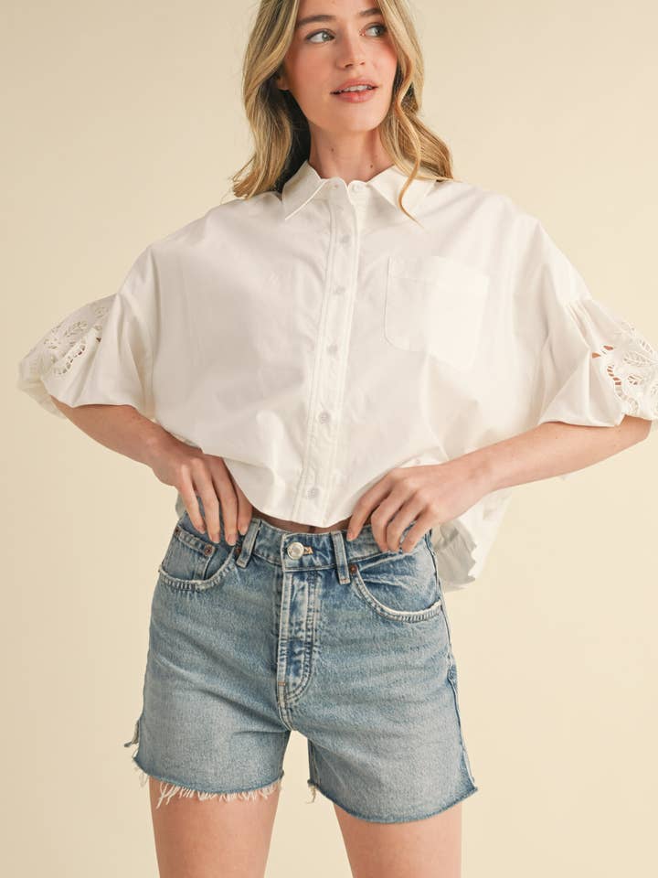 &MERCI - Wholesale Button Down Shirt - Women's - CUT OUT EMBROIDERED BUBBLE SLEEVE TOP MTP3835