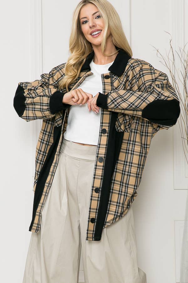 Plaid Combo Oversized Elbow Patch Shacket-Plaid for wholesale on Faire
