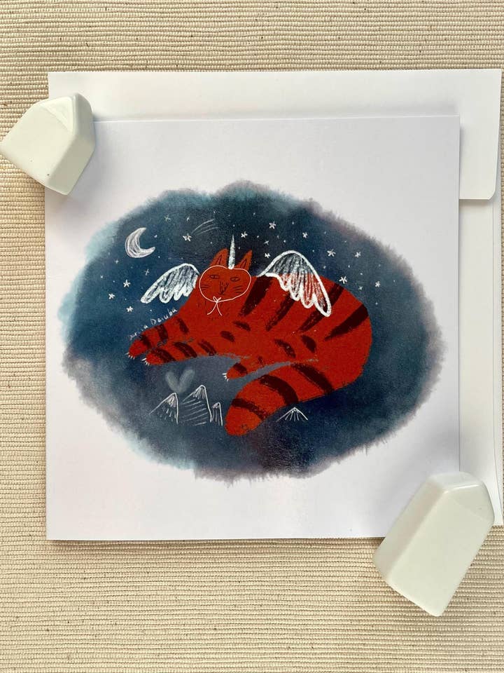 Unicorn Cat Heavenly Whiskers – Celestial Cat Greeting Card, Dreamy Night Skies and Angelic Cat, 5x5" (12.7x12.7 cm) for wholesale by Dariia Dziuba