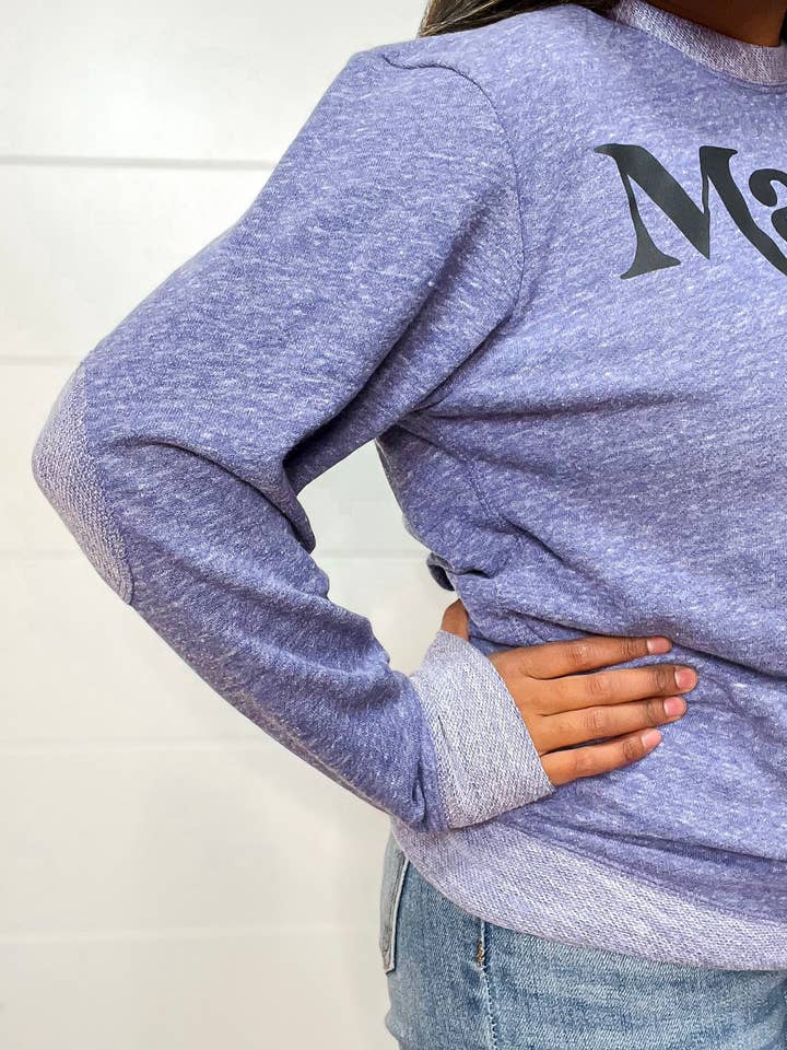 Mama | Pour femmes | Chandail à col rond en tissu éponge violet chiné pour la vente par Bizzy's Wholesale