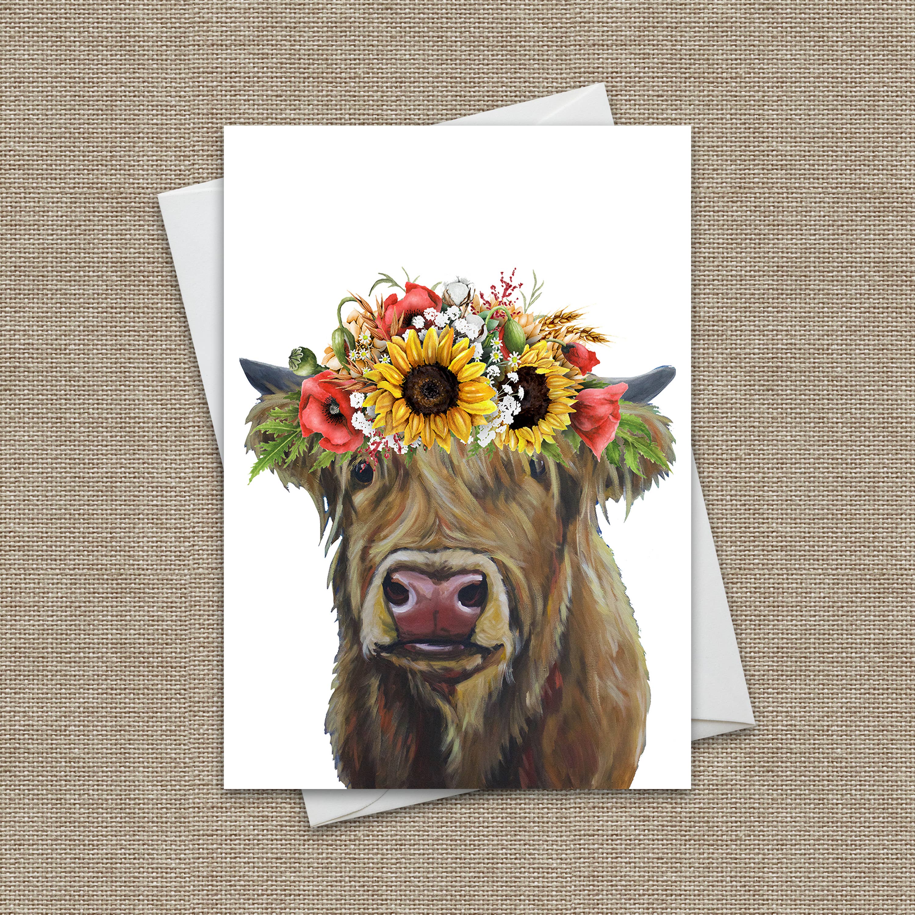 Hippie Hound Studios - Venta al por mayor Tarjetas de felicitación - Tarjeta de felicitación de Sunflower Highland con diseño de animales de granja