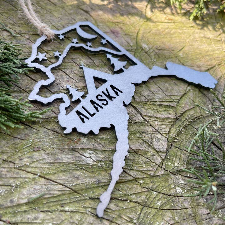 Alaska State Tent Camp Scene Raw Steel Ornament made in USA for wholesale by BE Creations & Designs, Inc.