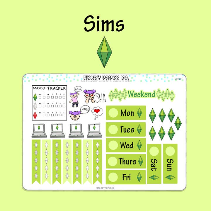 SIMS WEEKLY STICKERS - Hand Drawn Planner Stickers- GS010 for wholesale by NERDY PAPER CO.