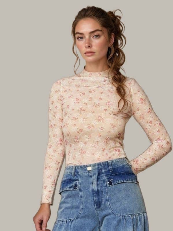 Davi & Dani - Wholesale Knit Top - Women's - LOOSE TURTLE NECK LACE MESH LACE SHEER TOP1