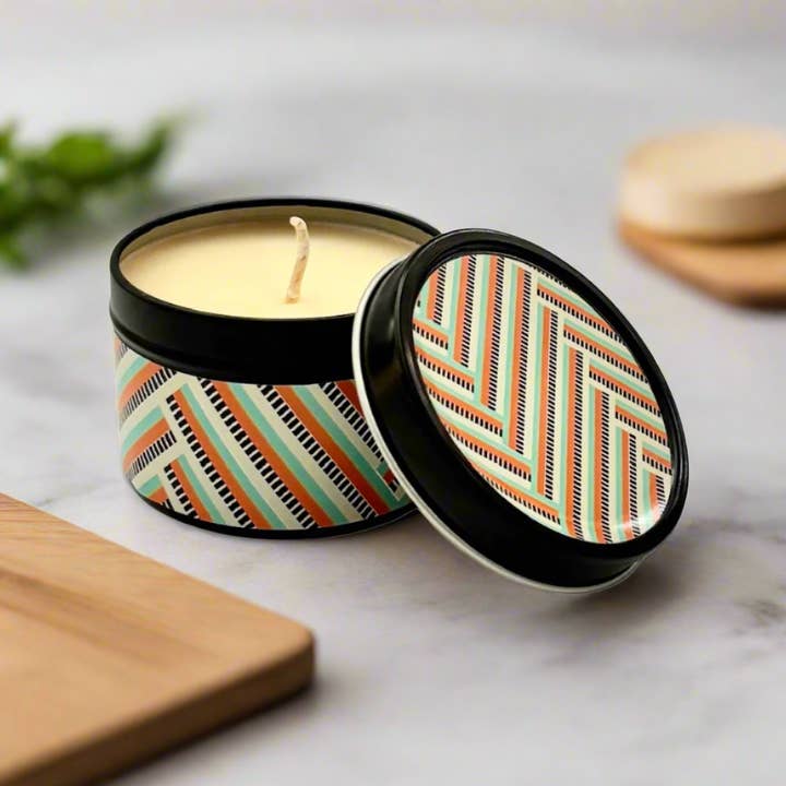 Zig Zag Green and Orange Mid Century Modern Travel Candle for wholesale by Mod Lounge Paper Company