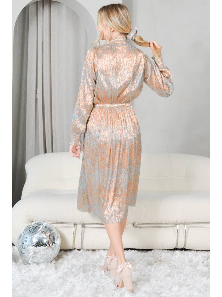 Rose Gold Metallic Pleated Chiffon Sparkly Midi Skirt Elastic Waist for wholesale on Faire