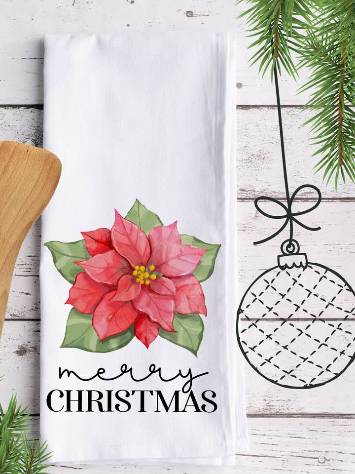 Merry Christmas Poinsettia Tea Towel, Festive Christmas Tea for wholesale by Thecraftyshop, NORESERVATIONNEEDED, Glam