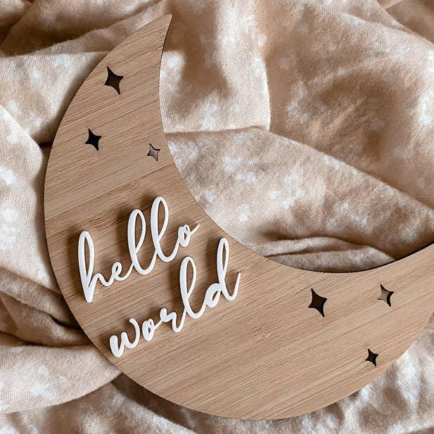 Penny and Co Collections - Wholesale Milestone art/keepsake – Child & baby - hello world moon shaped birth announcement